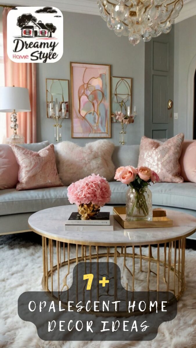 Elegant opalescent living room with blush pink pillows, gold marble coffee table, crystal chandelier, and pastel abstract art