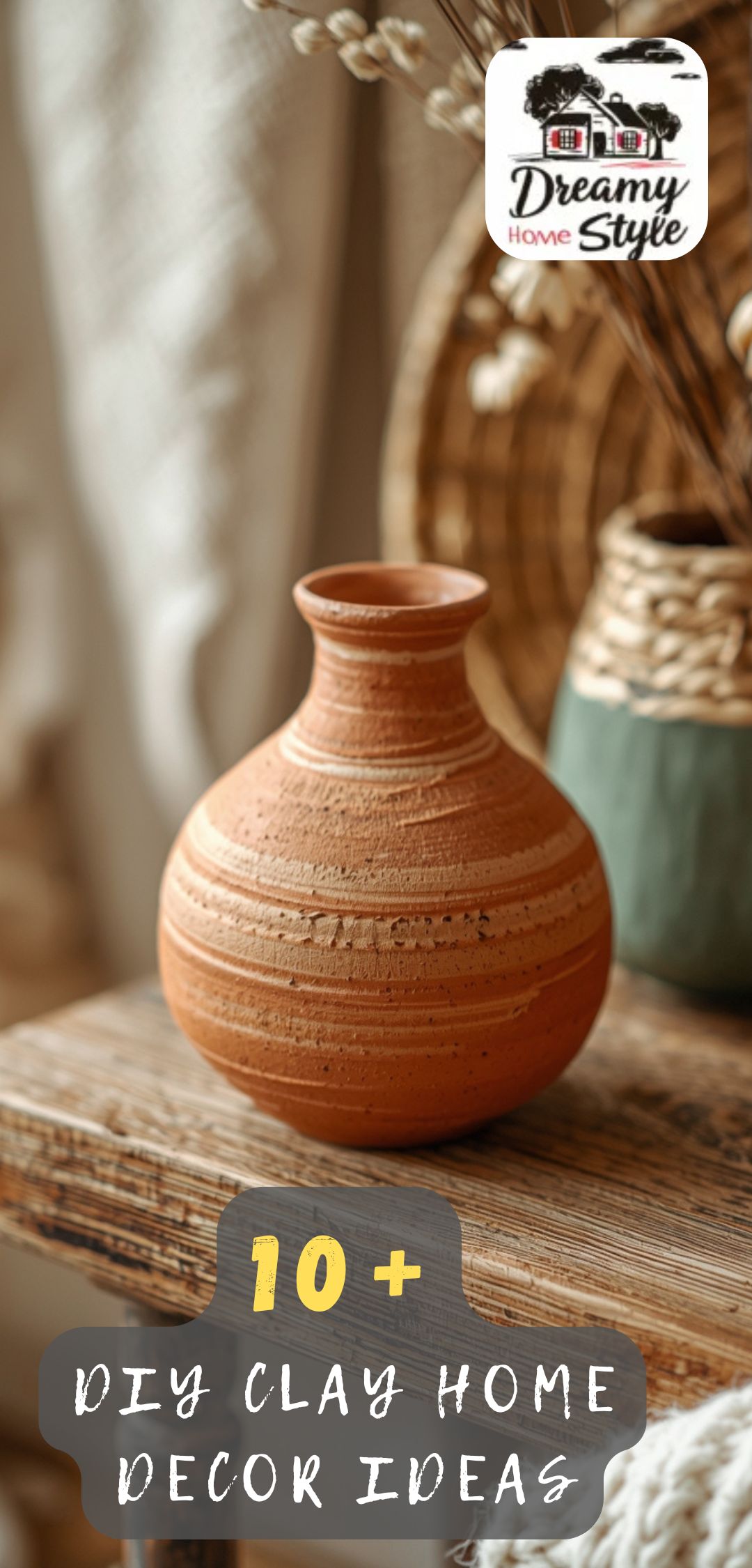 Handmade terracotta clay vase with textured swirl pattern on rustic wooden surface with woven basket decor
