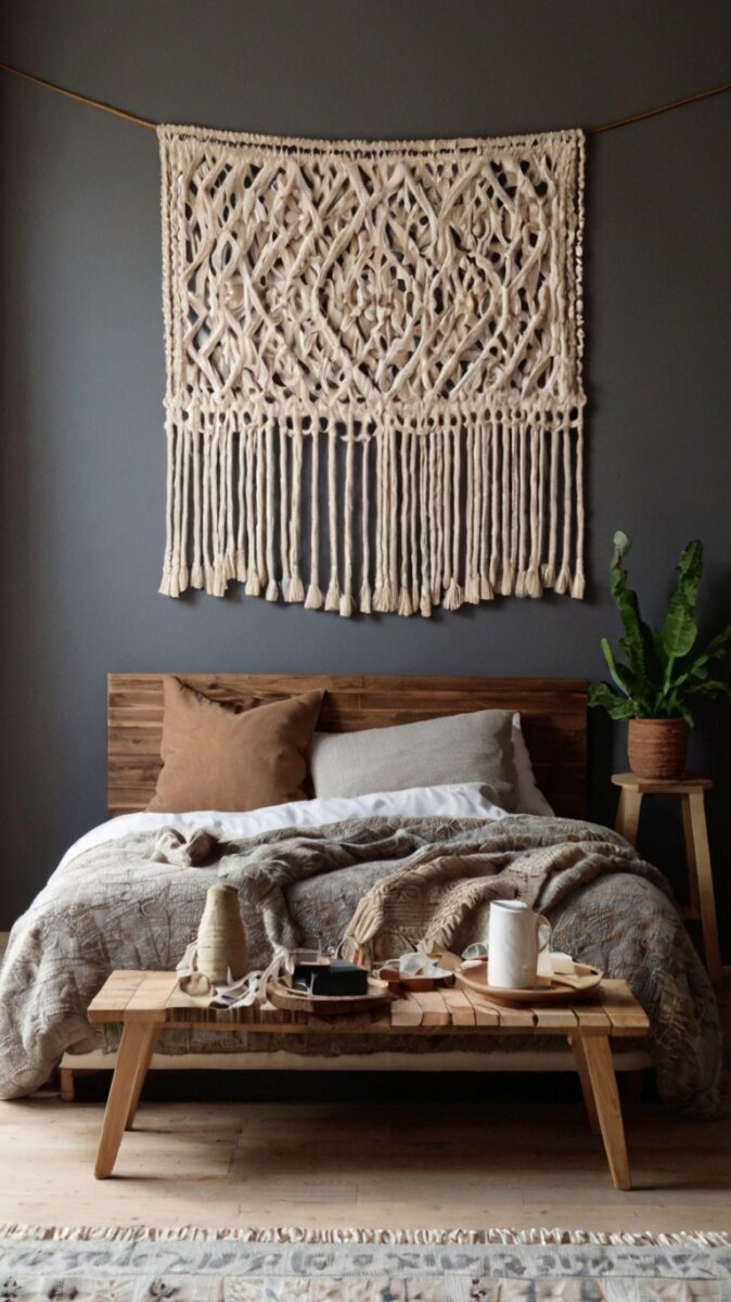 Bohemian bedroom with large cream macramé wall hanging above rustic wooden bed with neutral linen bedding and bench