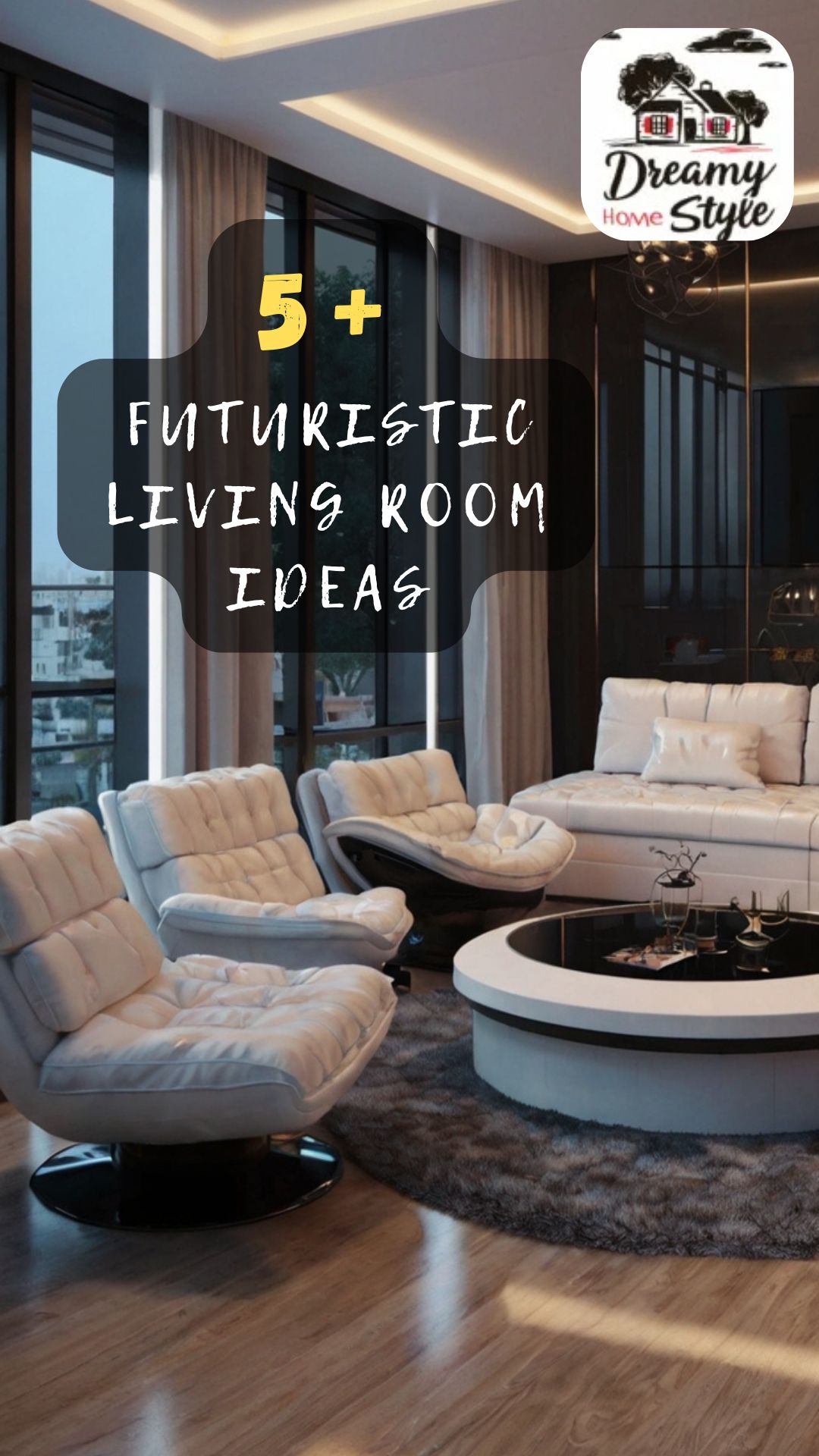 Futuristic living room with white tufted swivel chairs, round coffee table, sectional sofa, and floor-to-ceiling windows