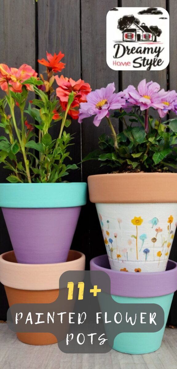 Two painted terra cotta flower pots with colorful flowers, one purple with teal rim, one white with floral design and lavender base