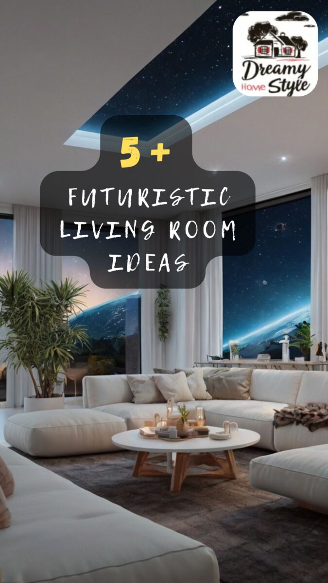 Futuristic white living room with space-themed wall mural showing Earth, sectional sofa, and starry ceiling