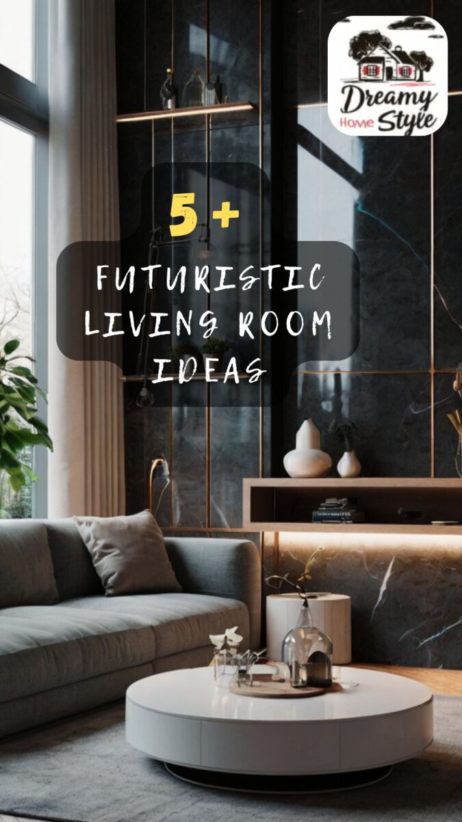 Futuristic living room with dark marble walls, gray sofa, round white coffee table, and LED accent lighting