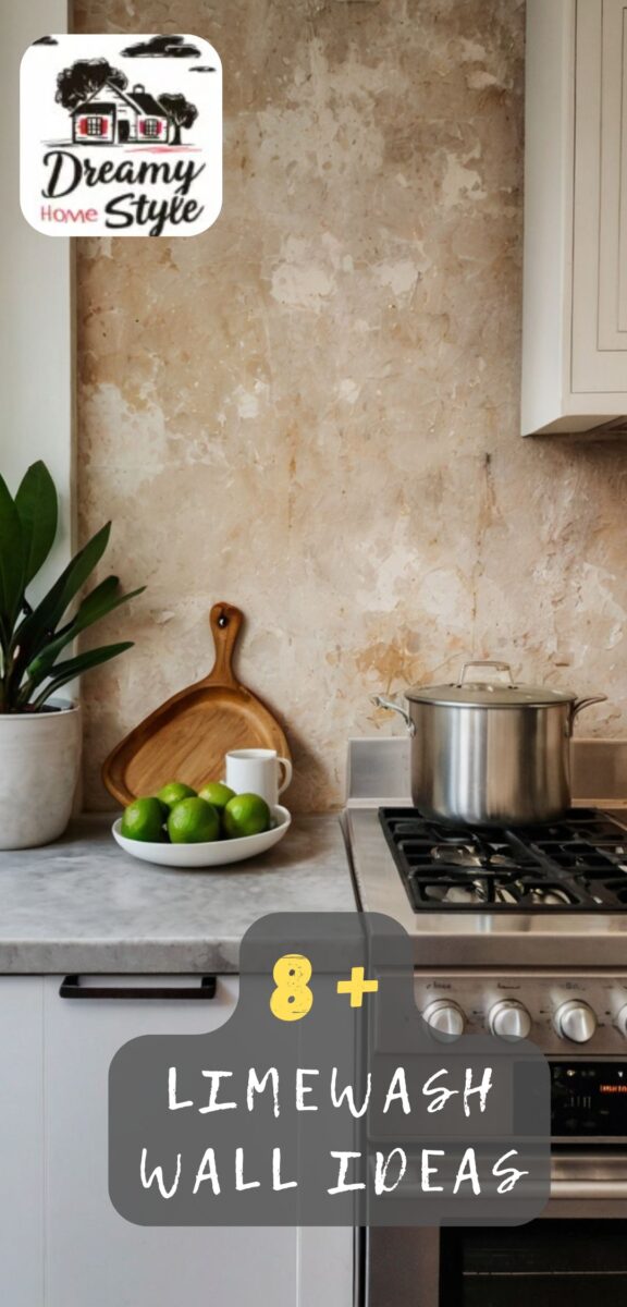 Kitchen with textured limewash wall backsplash, marble countertop, gas stove, wooden cutting board, and bowl of limes
