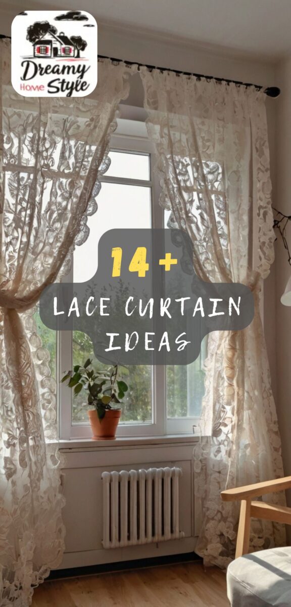 Cream floral lace curtains tied back on black rod over window with potted plant and white radiator