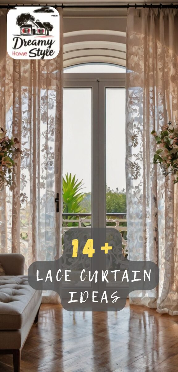 Elegant floral lace curtains framing tall French doors in a bright living room with hardwood floors