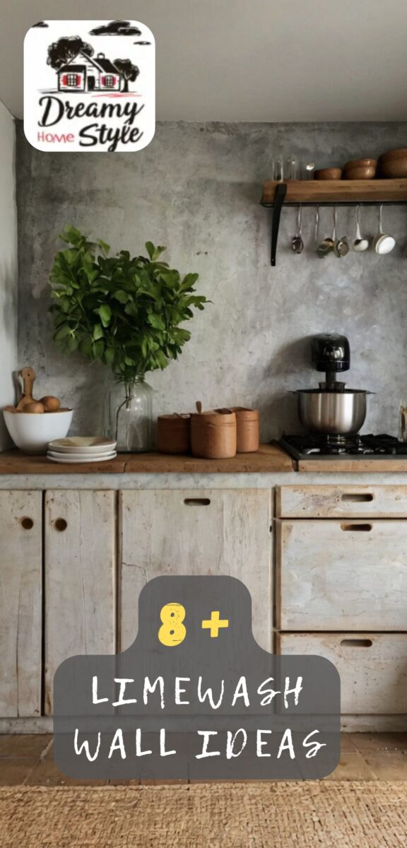 Rustic kitchen with gray limewash walls, whitewashed wood cabinets, open shelving, and stand mixer
