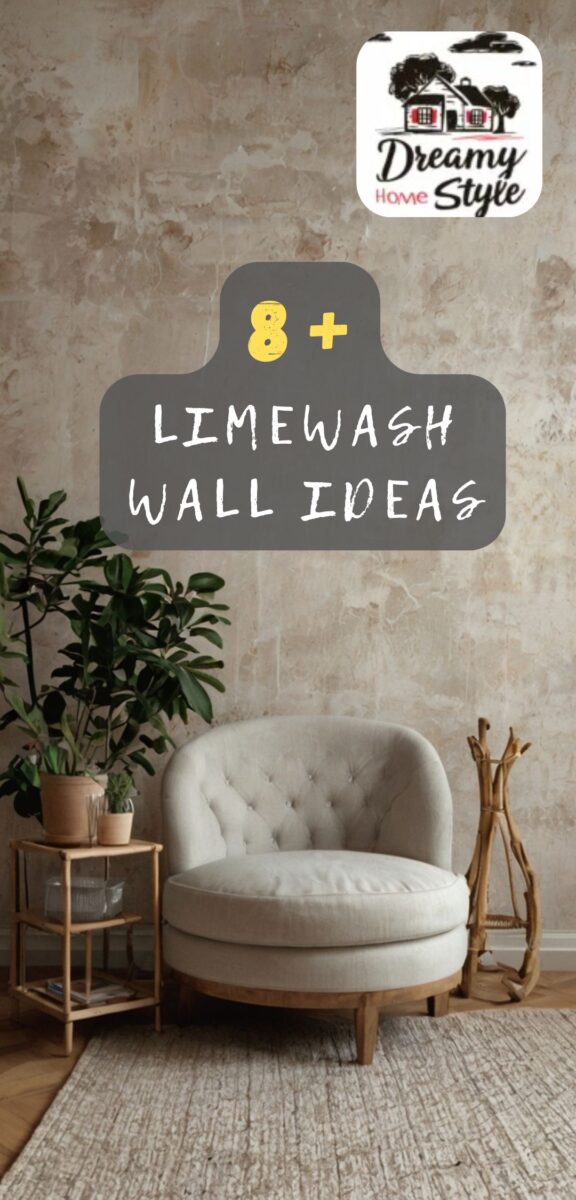 Cozy reading nook with limewash textured wall, tufted cream accent chair, potted plants, and wooden side table