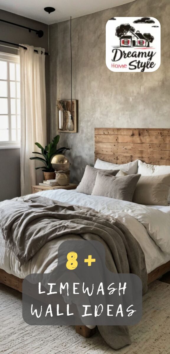 Rustic farmhouse bedroom with gray limewash textured walls, wooden headboard, and neutral linen bedding