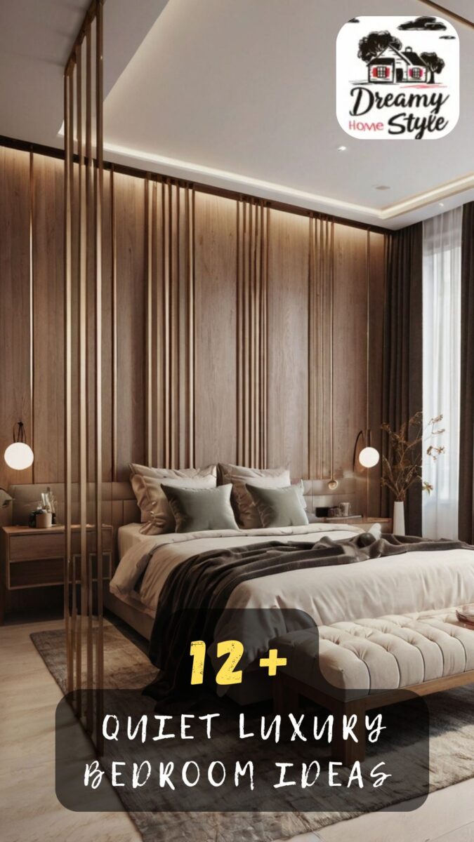 Quiet luxury bedroom with floor-to-ceiling wood panel accent wall, pendant lights, and neutral layered bedding