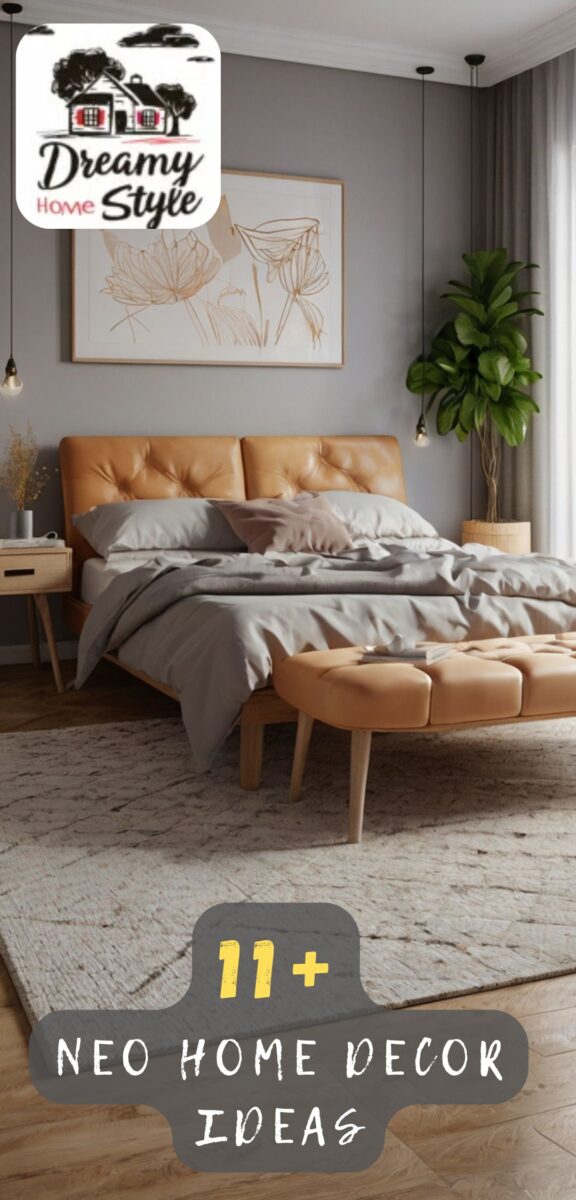 Modern neo-style bedroom with tan leather tufted headboard, gray bedding, matching bench, pendant lights, and indoor plant