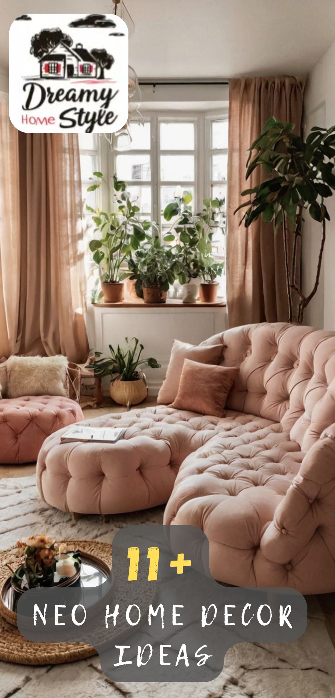 Cozy living room with blush pink tufted sectional sofa, ottoman, warm linen curtains, and lush indoor plants
