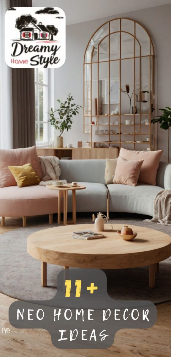 Modern neo home decor living room with curved pastel sofa, round wood coffee table, and arched gold mirror