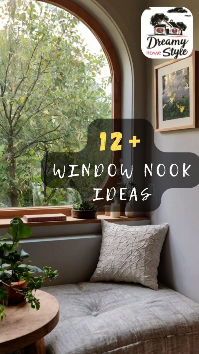 Cozy window nook with arched window, tufted gray cushion seat, throw pillow, potted plants, and garden view