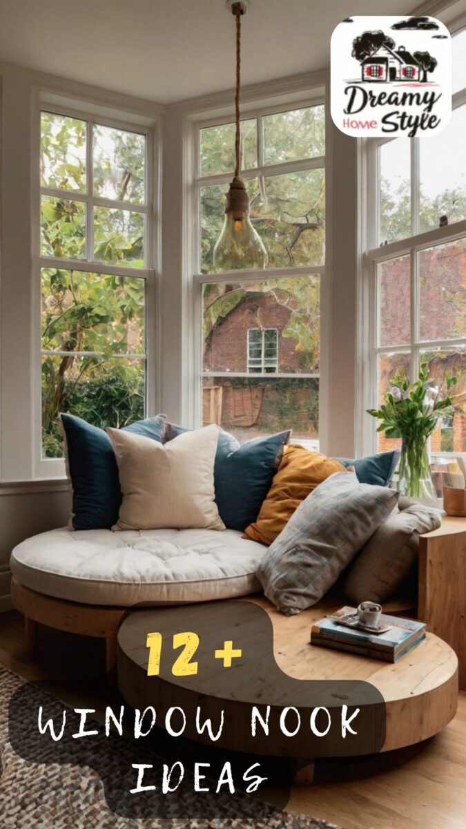 Cozy circular window nook with tufted cushion, colorful pillows, wooden base, and bay windows overlooking garden