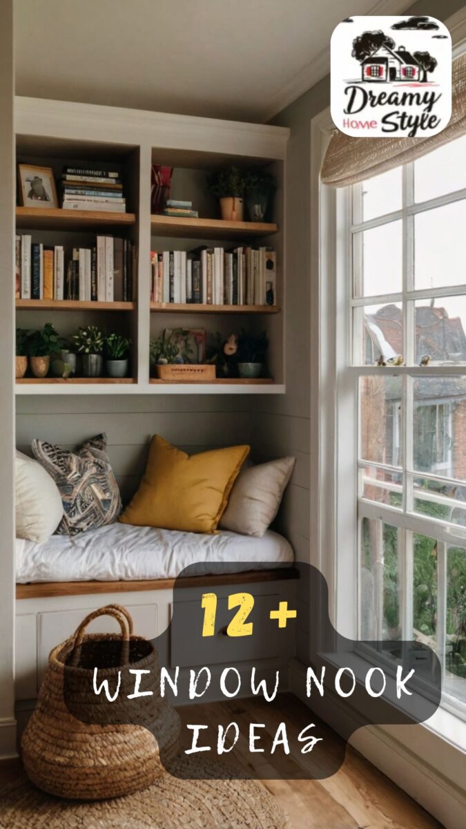 Cozy window nook with built-in bookshelves, cushioned bench seat, yellow and patterned pillows, and large window