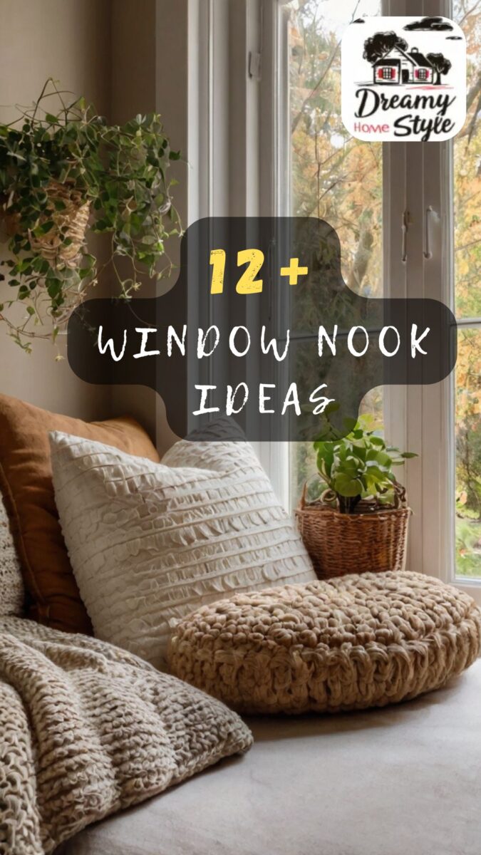 Cozy window nook with chunky knit cushions, cream pillows, wicker plant basket, and autumn garden view