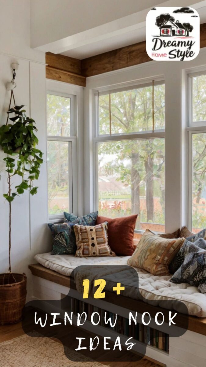 Cozy window nook with built-in bench seat, tufted cushion, colorful pillows, wooden beams, and large windows overlooking trees