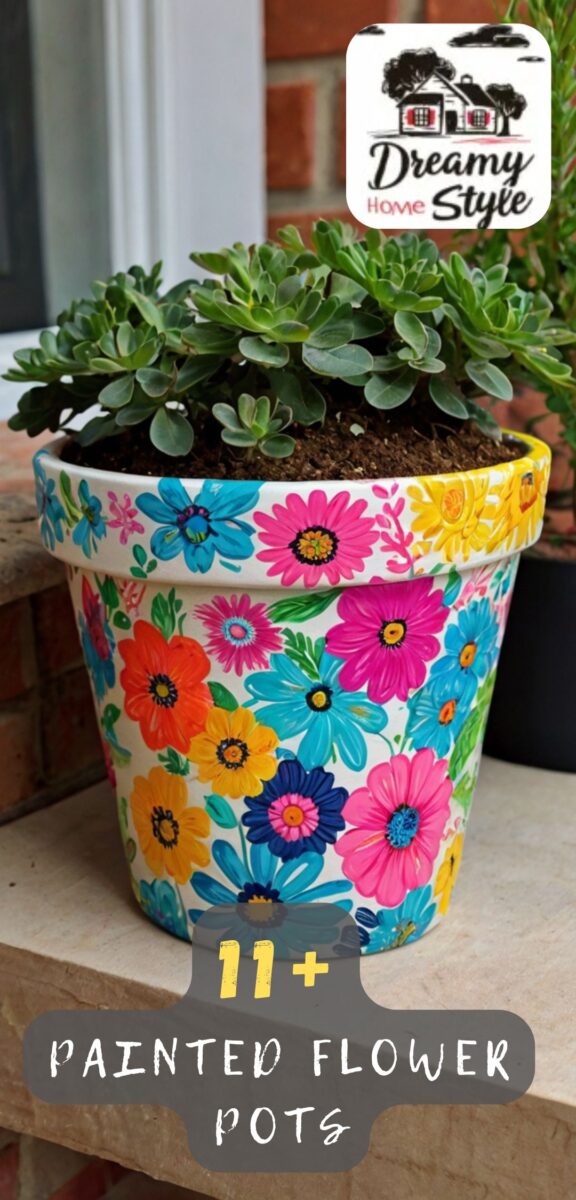 Colorful hand-painted terracotta flower pot with bright daisies in pink, blue, orange and yellow holding a succulent plant