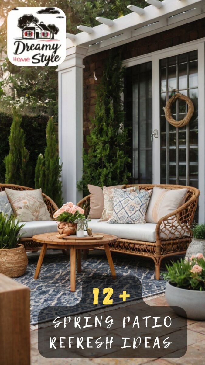 Spring patio with rattan loveseat, wicker chairs, round wood coffee table, blue patterned rug under white pergola