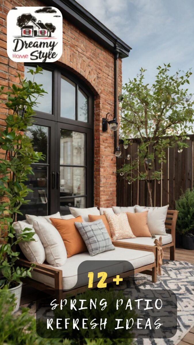 Cozy outdoor patio with wooden sectional sofa, cream cushions, orange throw pillows, brick wall, and lush greenery