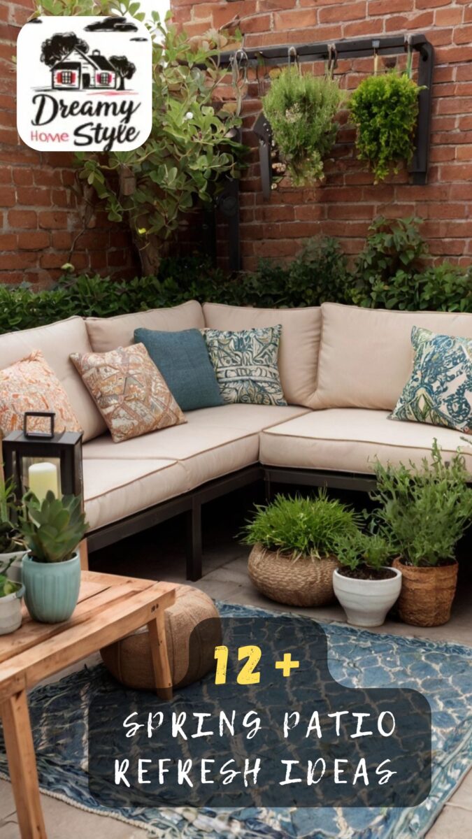 Cozy outdoor patio with beige sectional sofa, colorful throw pillows, potted plants, and brick wall backdrop