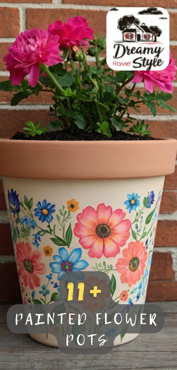 Terra cotta flower pot hand-painted with colorful wildflowers holding a blooming pink geranium against a brick wall