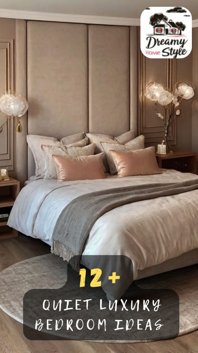 Quiet luxury bedroom with tall upholstered headboard, blush velvet pillows, layered neutral bedding, and floral pendant lights
