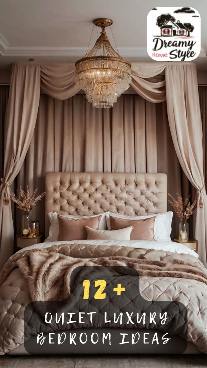 Quiet luxury bedroom with tufted velvet headboard, crystal chandelier, draped blush curtains and layered bedding