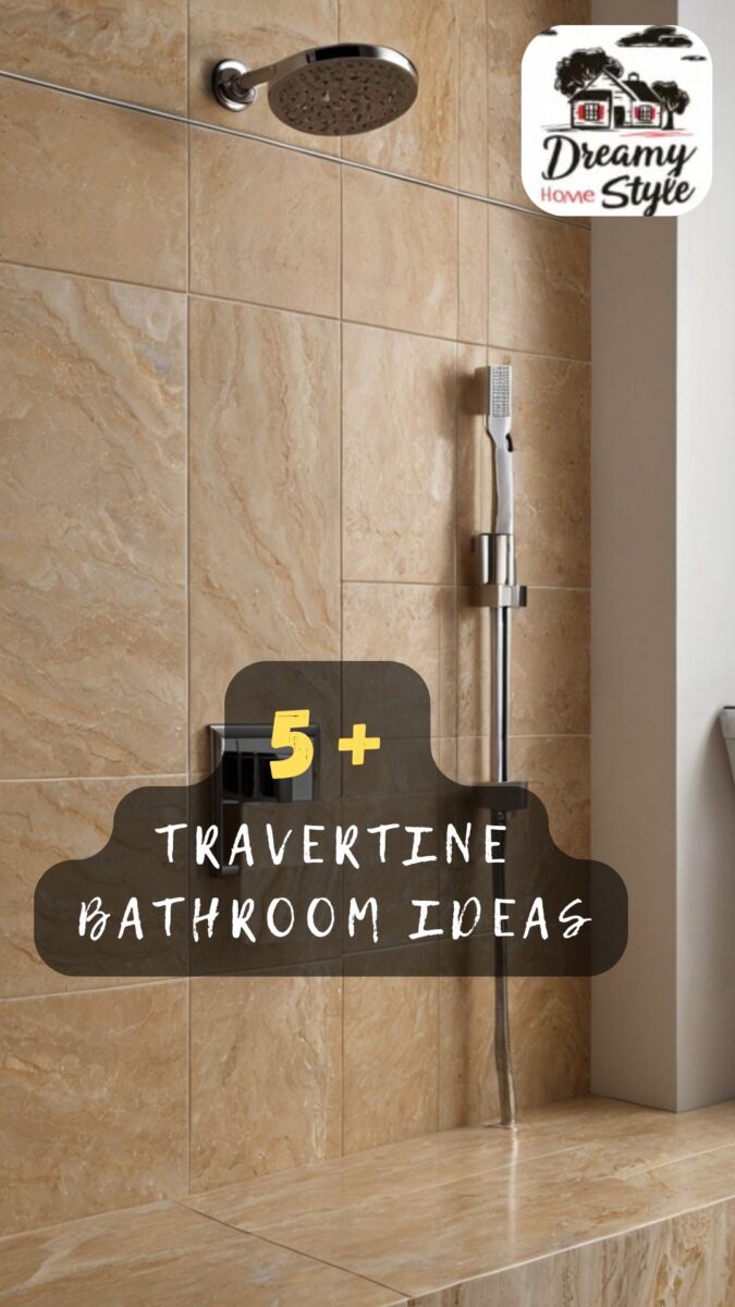 Modern shower with warm beige travertine tile walls and floor featuring chrome rain showerhead and handheld attachment