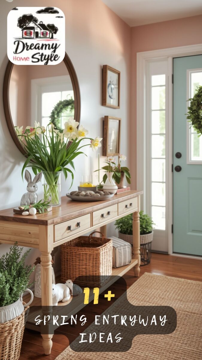 Spring entryway with farmhouse console table, daffodils, bunny decor, oval mirror, and mint green front door