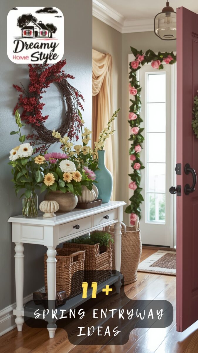 Spring entryway with white console table, floral arrangements, wicker baskets, berry wreath, and pink rose garland on front door