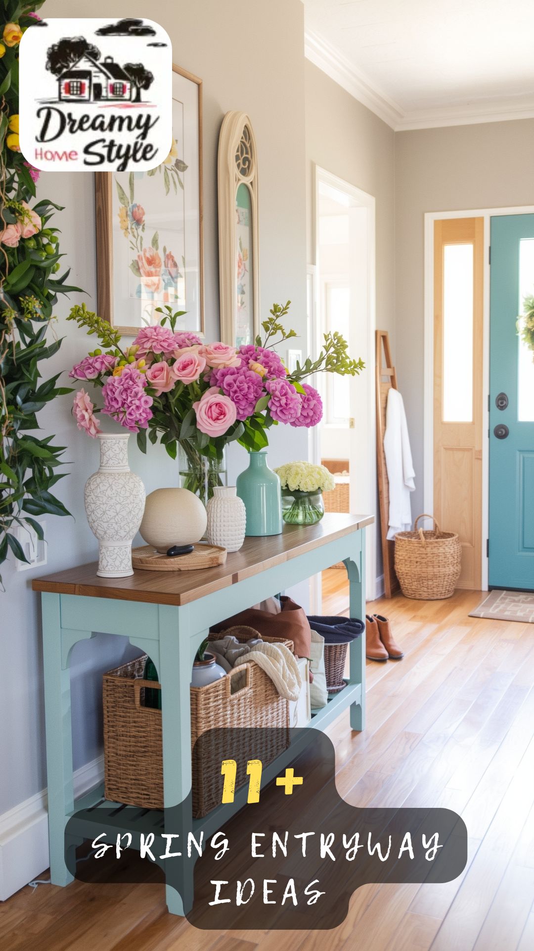 Spring entryway with mint console table, pink hydrangeas, roses, wicker baskets, and teal front door