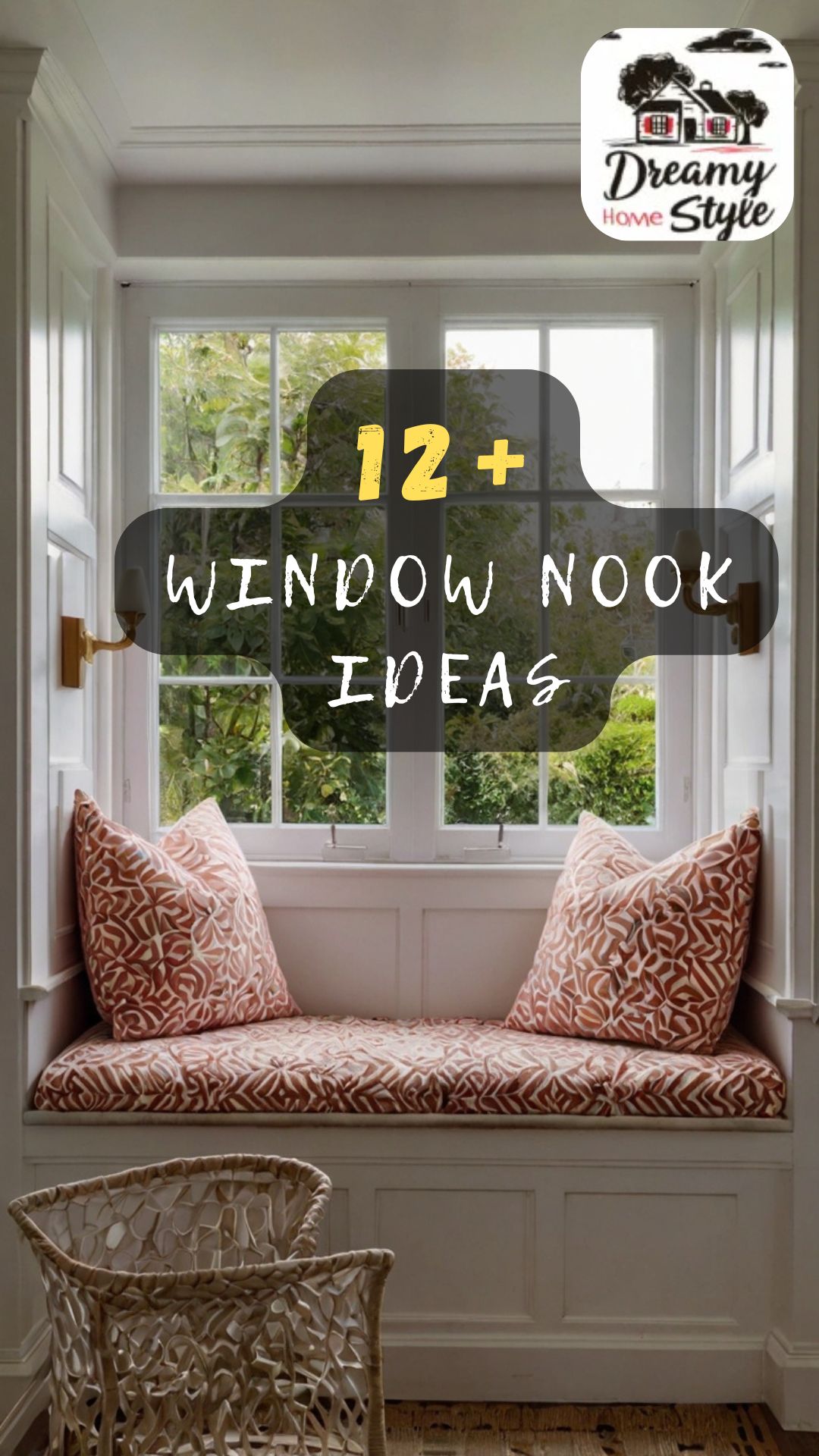 Built-in window nook bench with terracotta floral cushions and pillows, white wainscoting, and garden view
