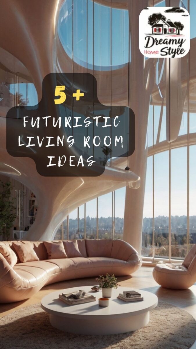 Futuristic living room with curved organic architecture, blush sectional sofa, round coffee table, and floor-to-ceiling windows