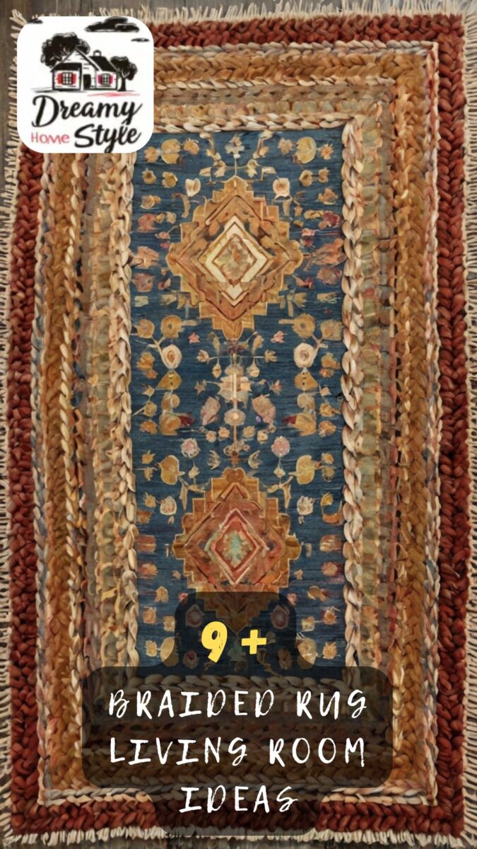 Layered braided rug with rust and natural tones bordering a blue Persian-style floral medallion center rug