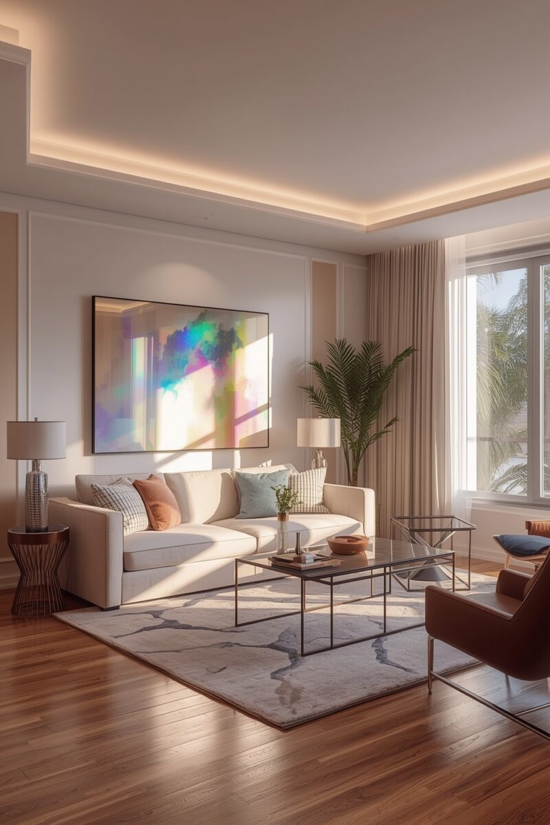 Modern luxury living room with cream sofa, glass coffee table, hardwood floors, and colorful abstract wall art