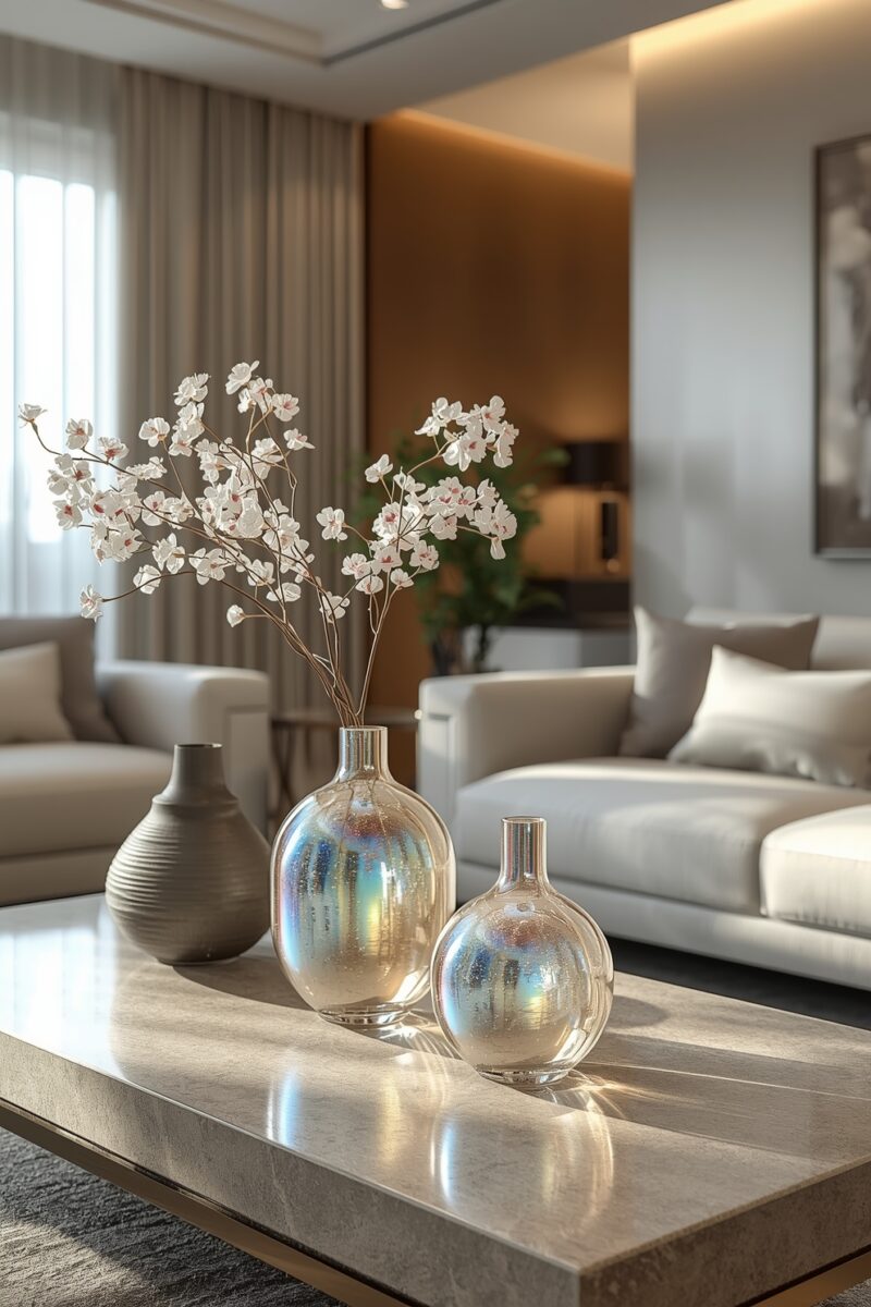 Three decorative vases on marble coffee table in modern living room with white cherry blossom branches