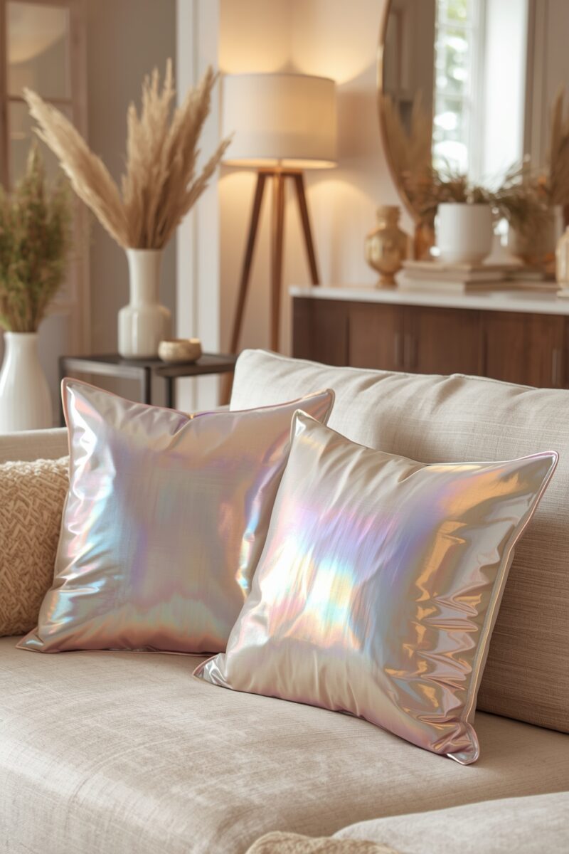 Two iridescent holographic throw pillows on a beige linen sofa in a warm, modern living room with pampas grass decor