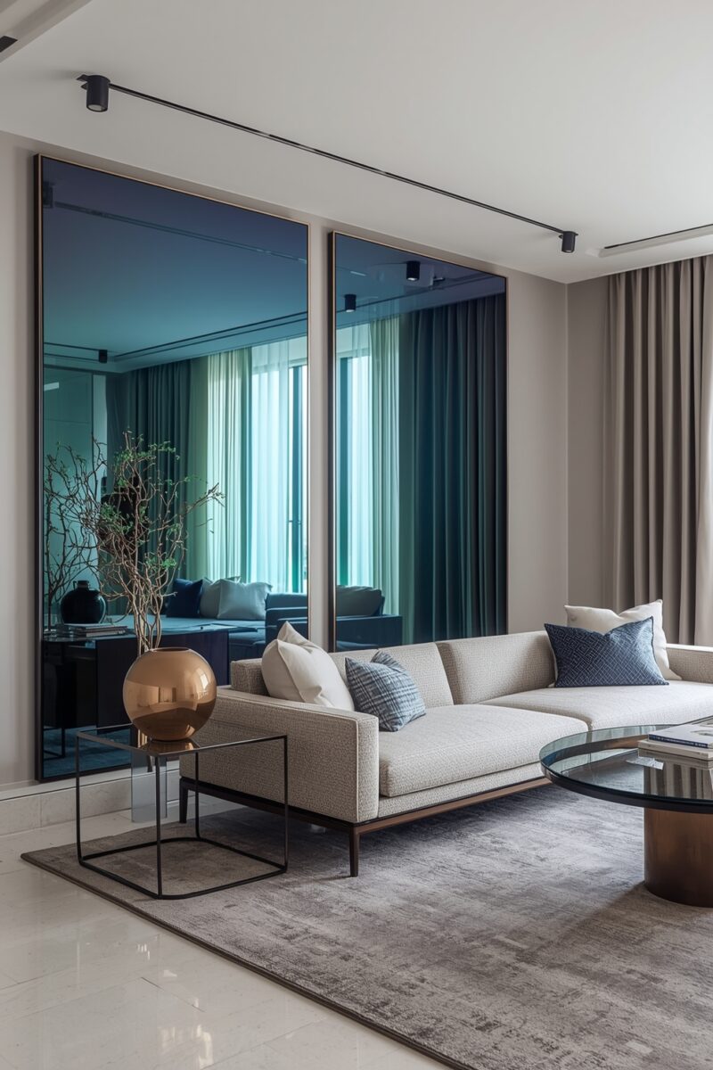 Modern luxury living room with cream sectional sofa, large tinted mirrors, bronze sphere vase, and track lighting