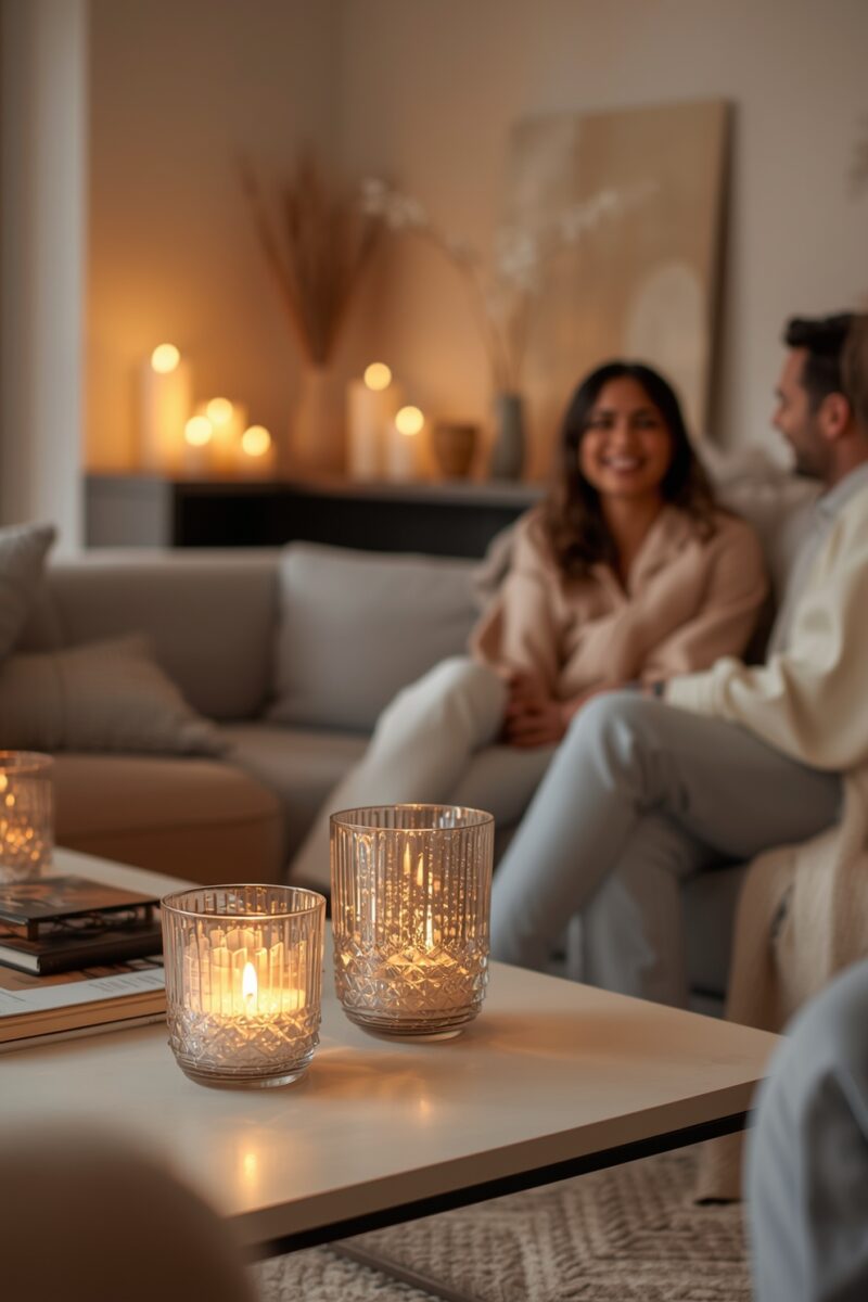 Couple relaxing on sofa in candlelit living room with crystal glass candle holders on white coffee table