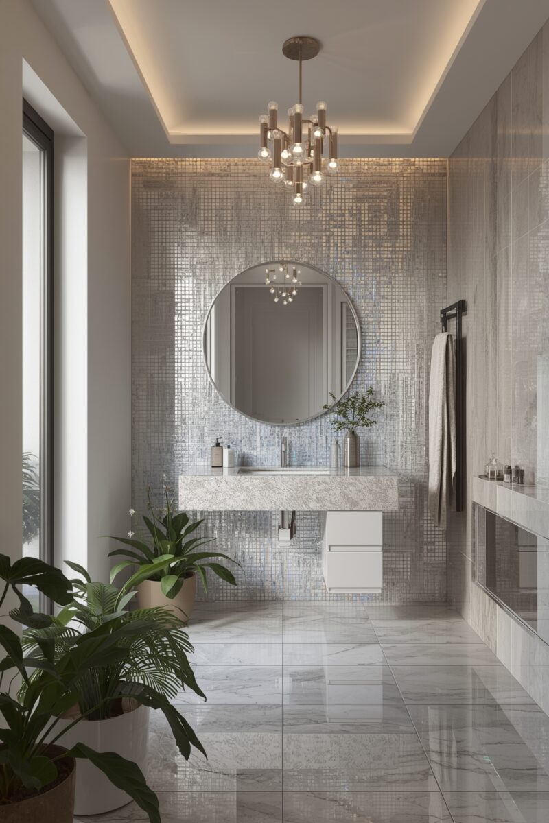 Luxury modern bathroom with silver mosaic tile accent wall, floating marble vanity, round mirror, and chandelier
