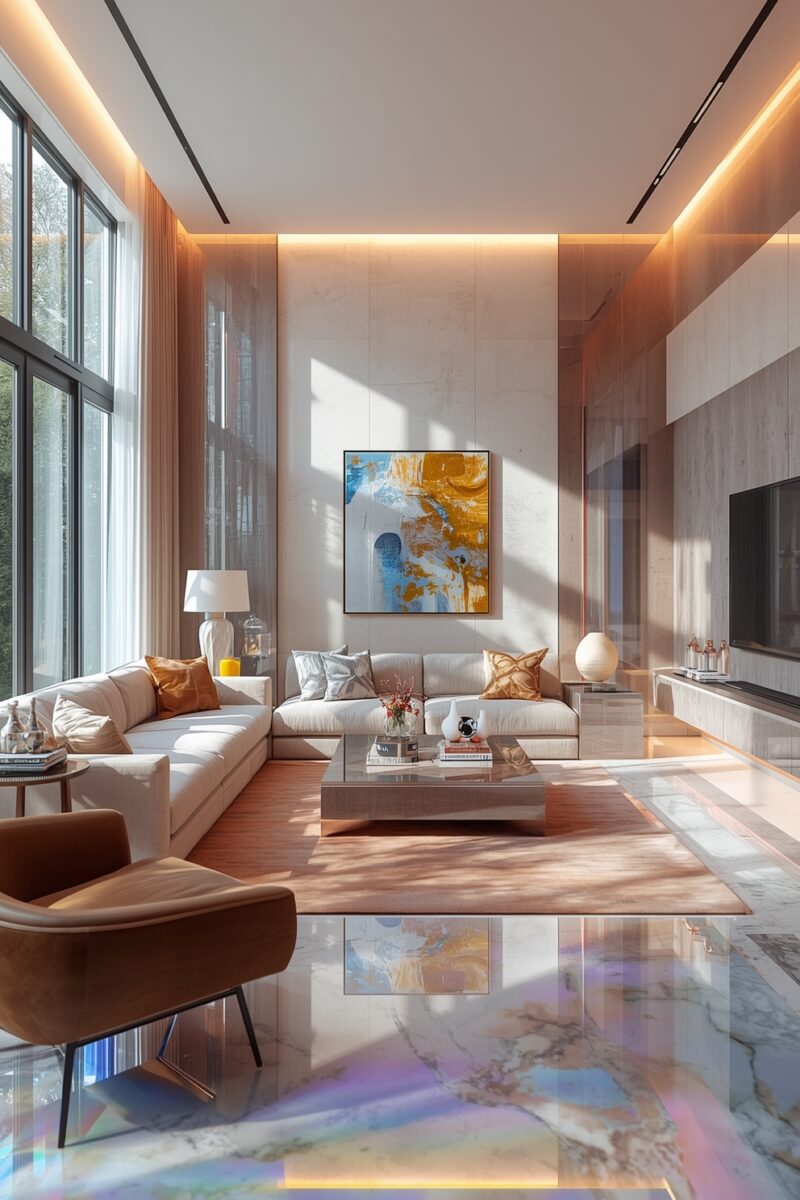 Luxury modern living room with marble floors, cream sectional sofa, abstract wall art, and floor-to-ceiling windows