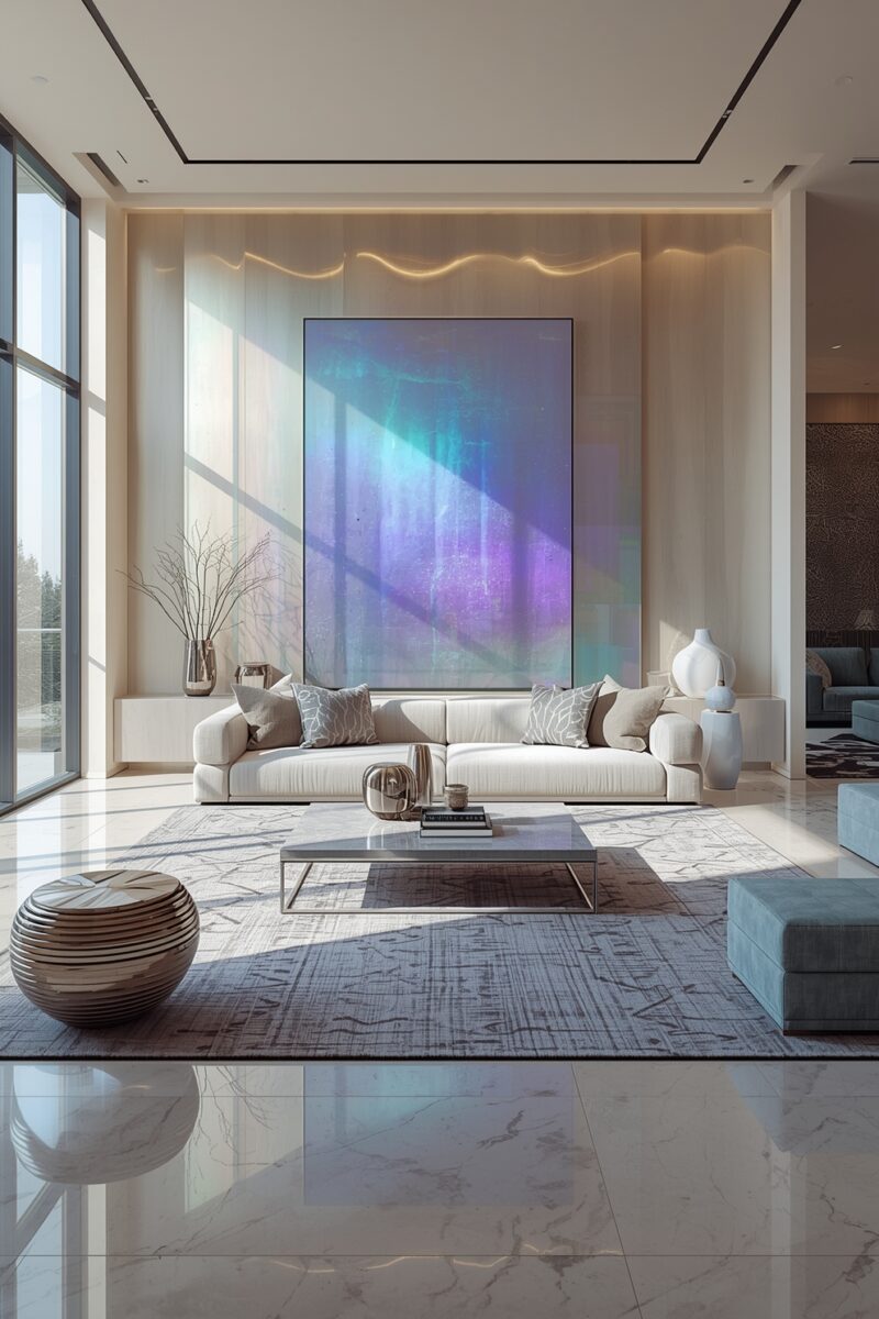 Luxury modern living room with white sofa, marble floors, and large iridescent purple-teal abstract wall art