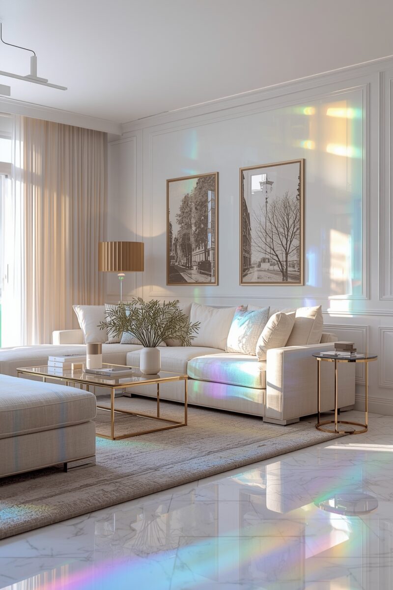Bright modern living room with cream sofa, gold coffee table, white wainscoting walls, and two framed city artwork prints