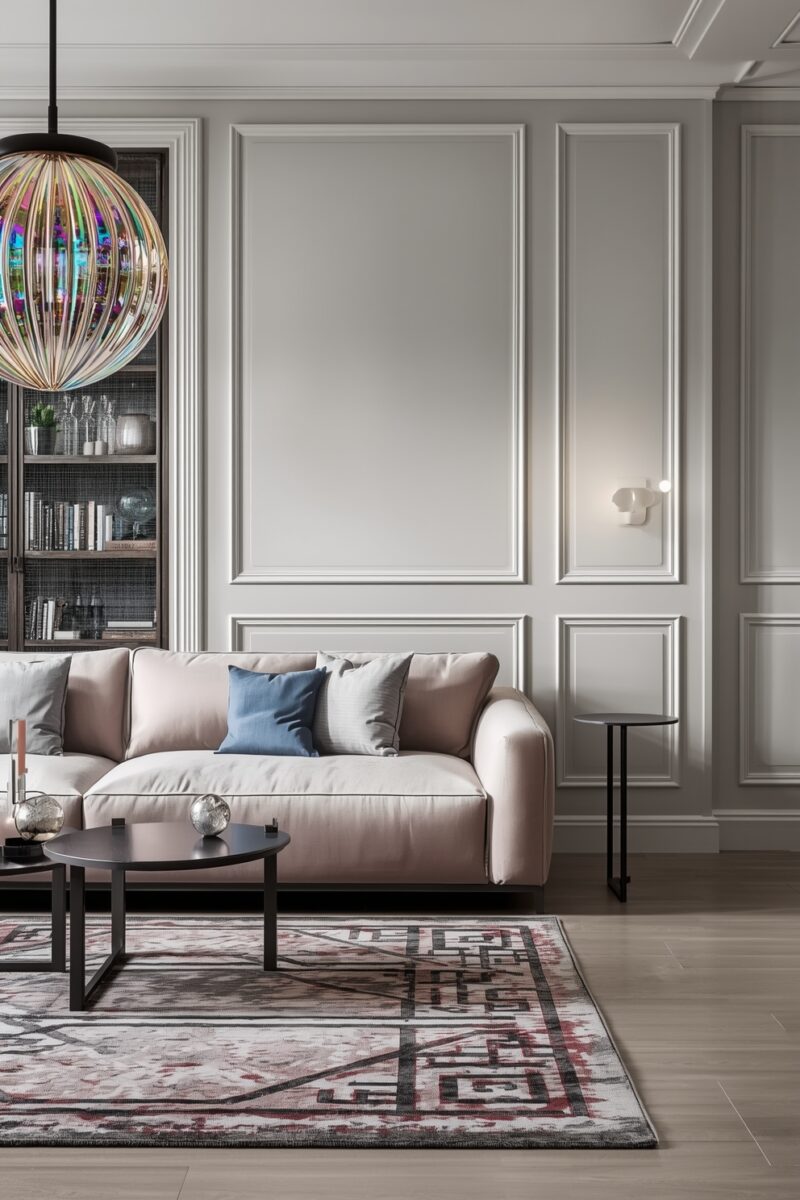 Modern living room with blush sofa, iridescent globe pendant light, wainscoting walls, and geometric area rug