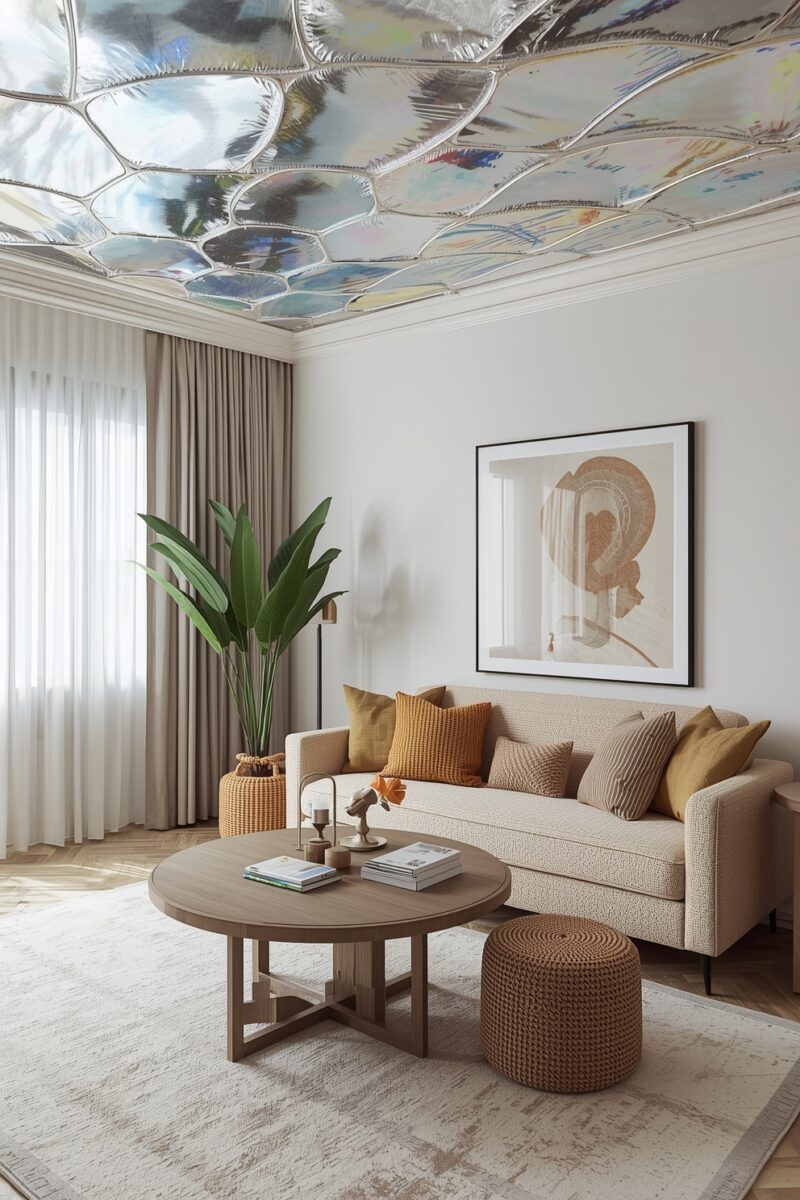 Modern living room with iridescent mosaic ceiling, beige sofa, warm earth-tone pillows, round wood coffee table, and tropical plant