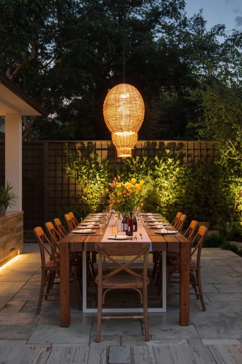 Elegant outdoor patio dining table set for 10 guests under a glowing wicker pendant light at dusk