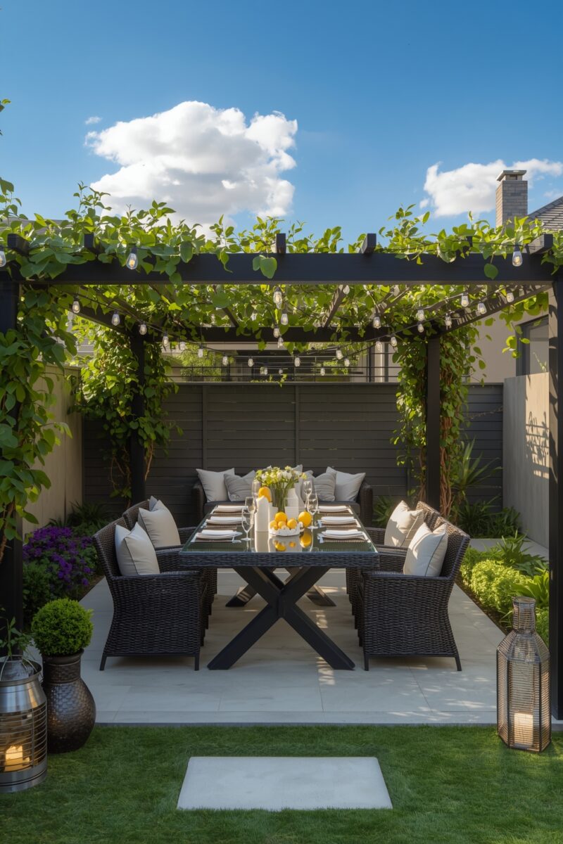 Modern outdoor dining area under dark pergola with climbing vines, wicker furniture, glass table set with lemons and flowers