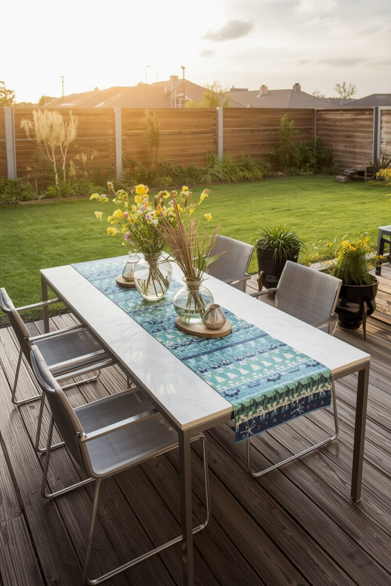 Modern outdoor dining table with blue table runner and yellow flower vases on a wooden deck in a sunny backyard garden